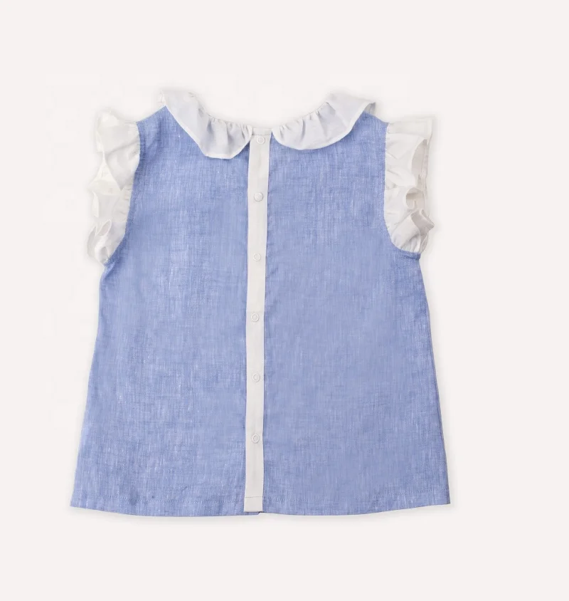 Blue linen girl shirts Hot Solid Ruffle Trim Sleeveless Blouse  Cheap Wholesale Children Shirt Spring and summer