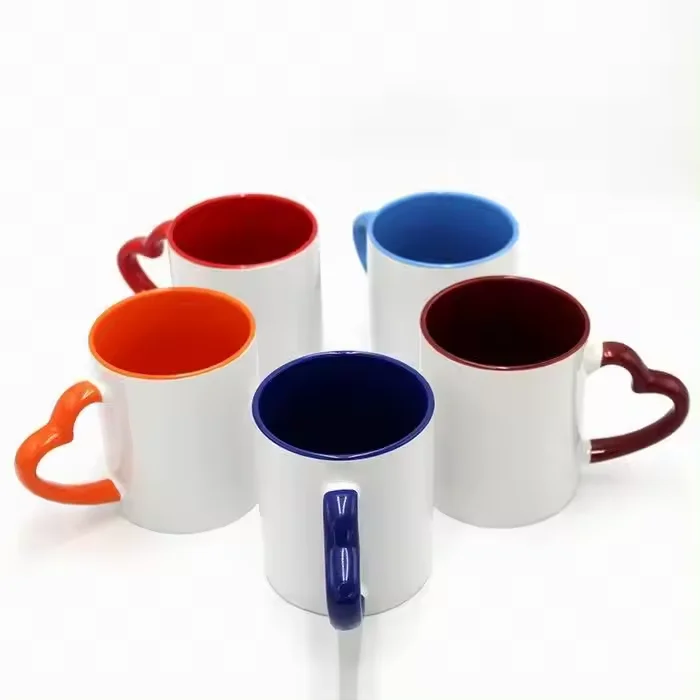11oz Heart Shaped Handle Ceramic Mug Inside Colored 11oz Heart Handle Outside Blank Sublimation Ceramic Coffee Mug