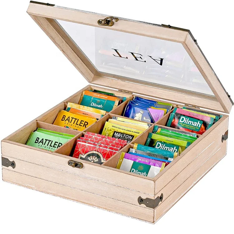 Custom LOGO Wooden Tea Gift Box Partitions Pine Box With With Hinged Lid