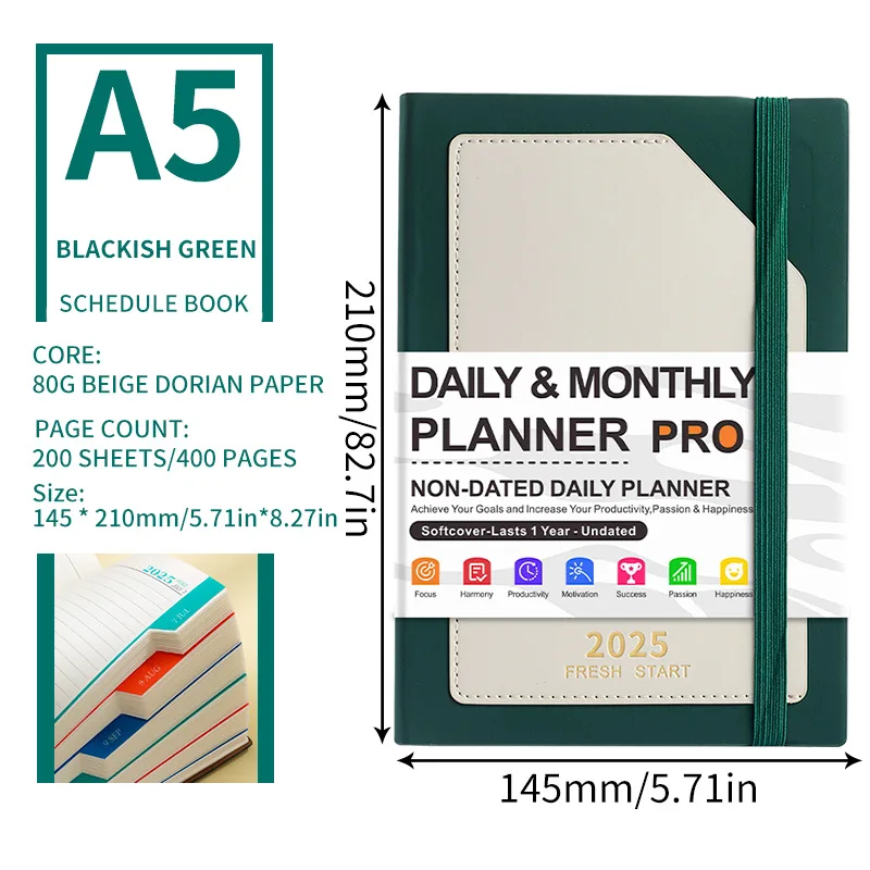 2025 A5 Daily & Monthly Planner Notebook with Alphabetical Tabs 200 Sheet Leather Cover School Office Business Perfect Gift Idea