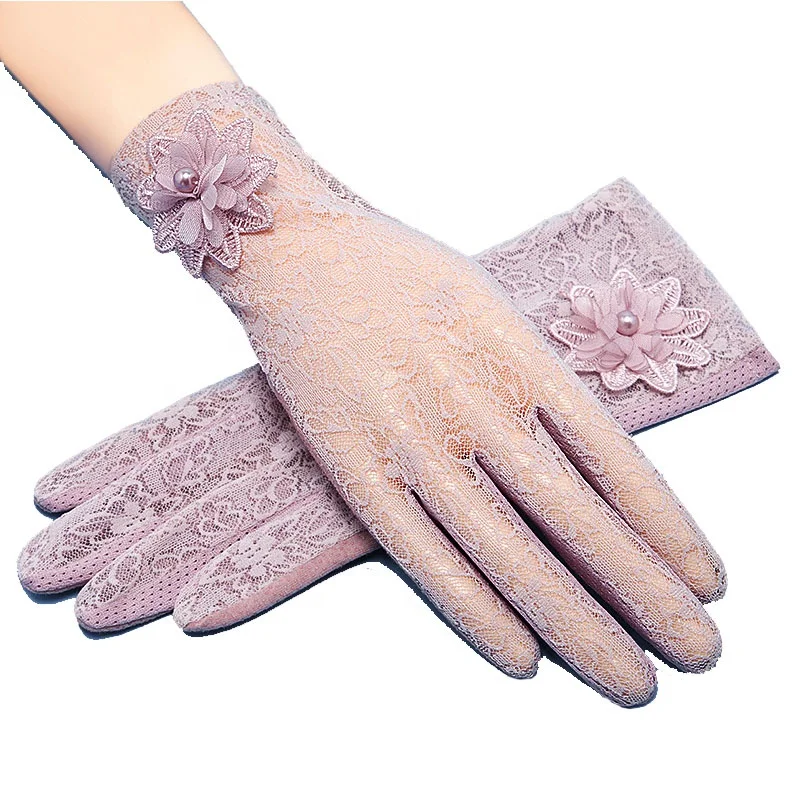 Autumn Summer Women Short Tulle Gloves Stretchy Lace Sunscreen Anti-UV Ice Thin Driving Cycling Gloves Flexible Full Fiinger