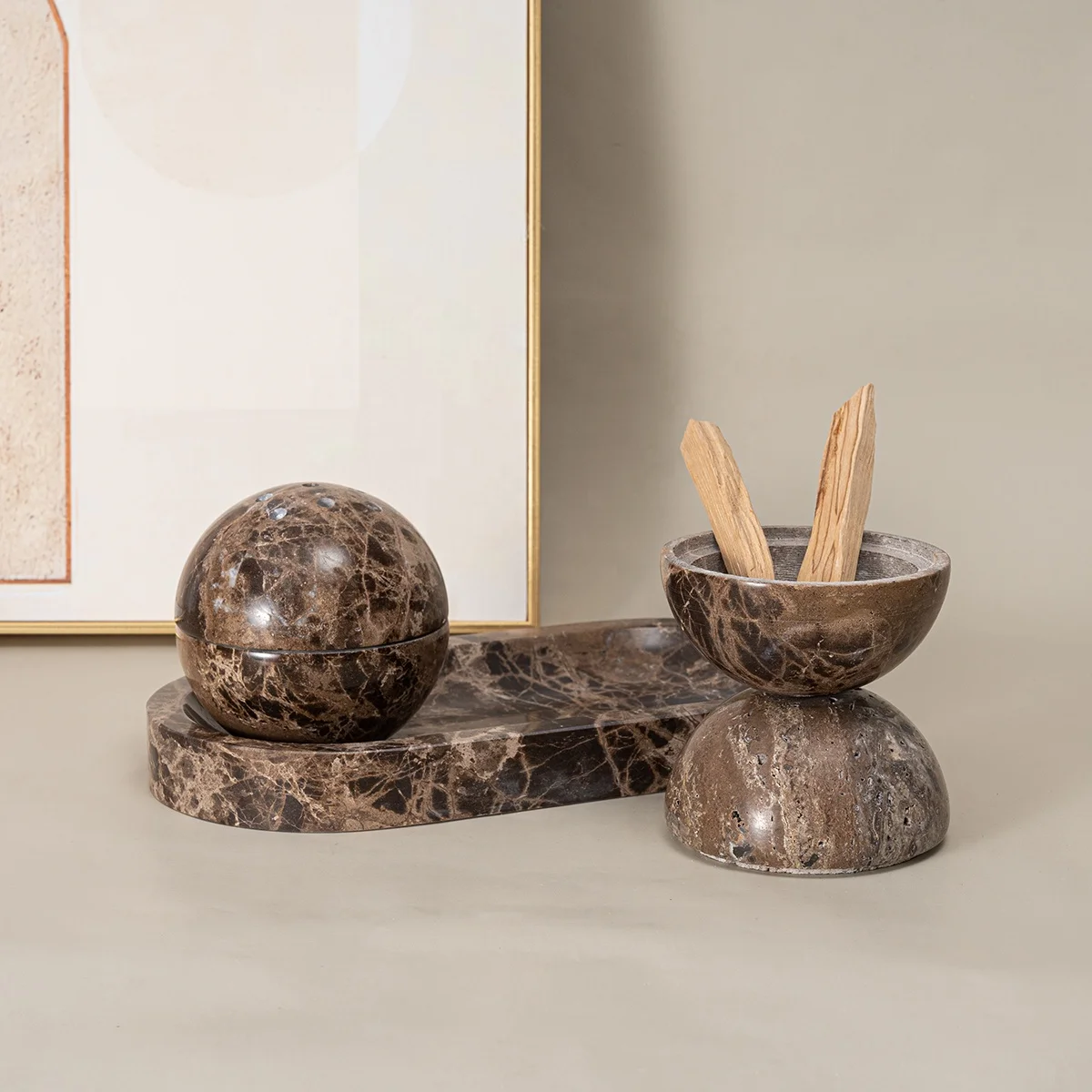 2023 Trends Home Decor Beige Travertine Incense Holder Marble Incense Burner Home Hotel Decoration Religious Round Ornament