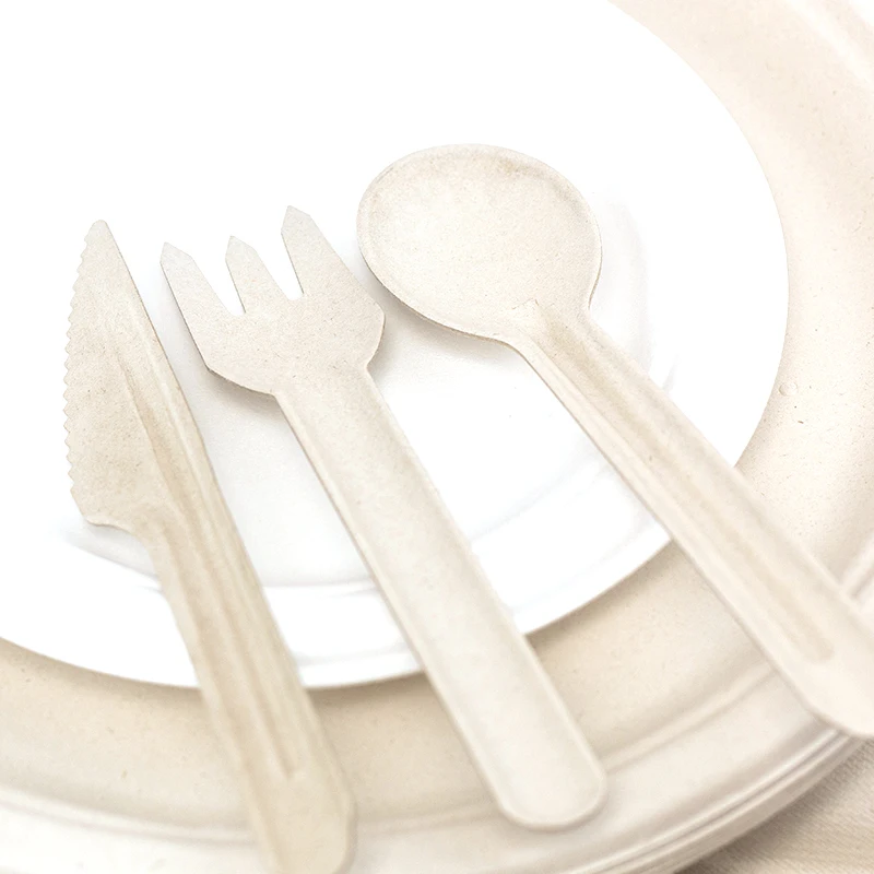 Custom Wholesale Travel Flatware Sets for Wedding Sugarcane Bagasse Disposable Biodegradable Eco Paper Pulp Compostable Cutlery