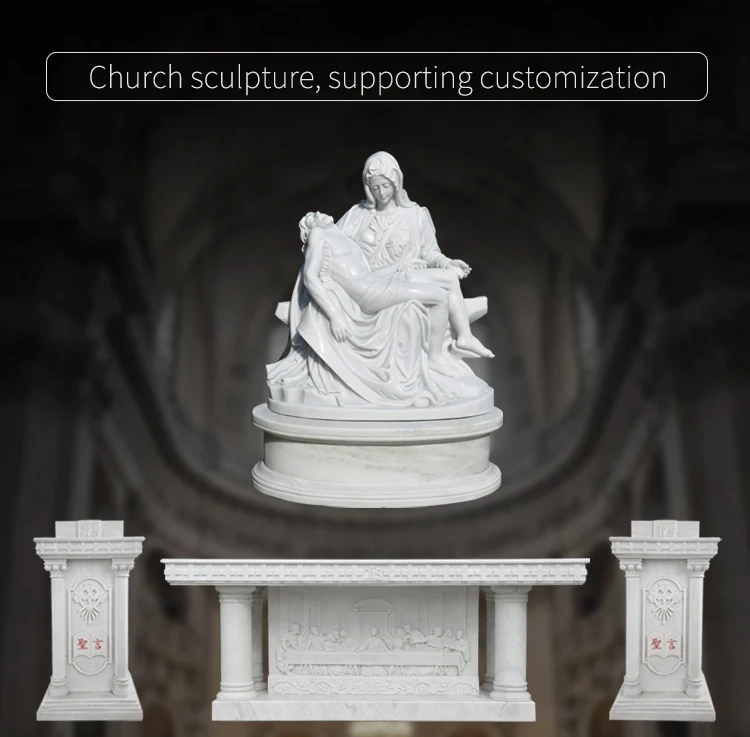 hand carved catholic religious white marble altar table &pulpit with jesus