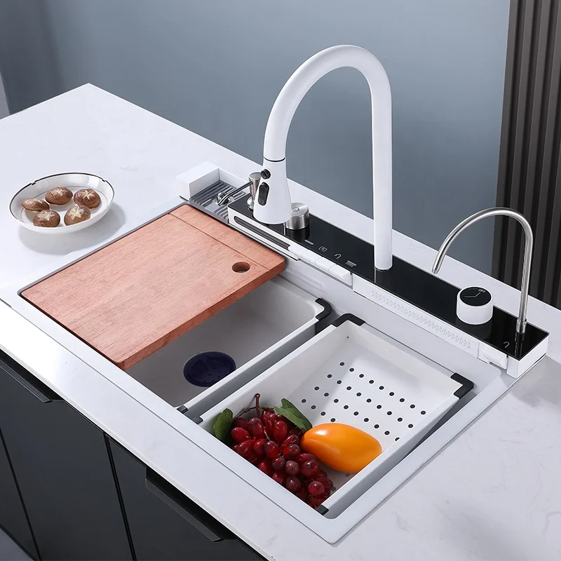 Factory Wholesale smart Kitchen Sink Stainless Steel handmade Temperature Display Piano Waterfall Kitchen Sink with cup washer