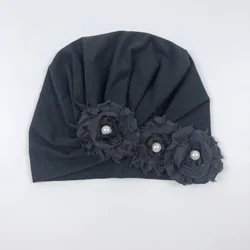 Flower Design Baby Turban Hats Solid Color Soft Cloth Caps for Newborn Baby Girls