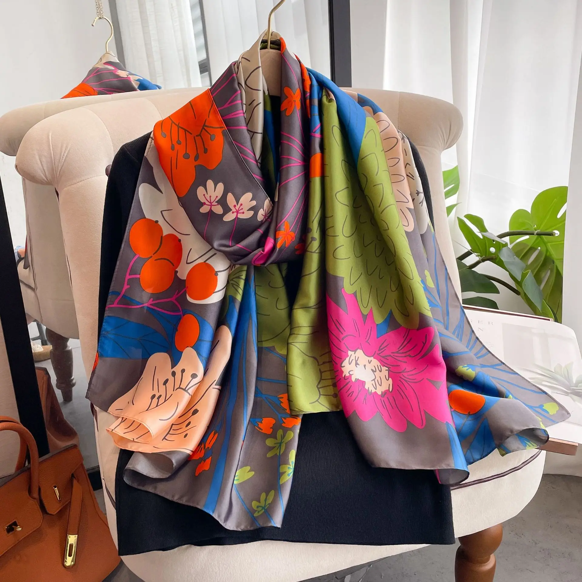 Hot Sell New Flower Printed Pattern Silk Scarves Shawls For Women Soft Large 180*90CM Silk Head Scarf Shawl Muslim Silk Hijabs