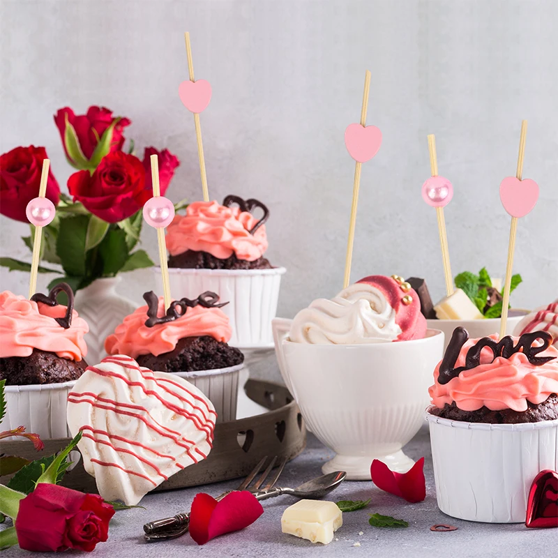 EVEN New Colorful Pink Ball Wood and Bamboo Skewer Cocktail Picks Fruit Decorative Skewers for Christmas