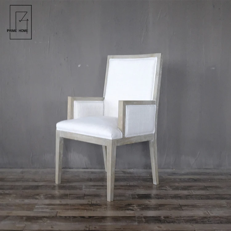 China Wholesale Grey Wooden Feet Elegant Durable Casual White Arm Dining Chair Fabric Armchair