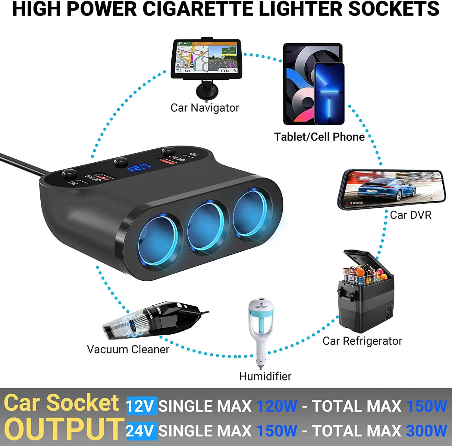 C12 Car Plug with LED Voltage Separate Switch 7 in 1 Cigarette Lighter Adapter Splitter 300W 3 Socket Car Charger Extensions