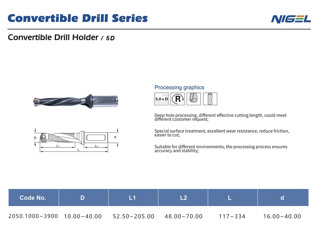 Nigel Brand 2050.1400 High-precision carbide drill bit set for deep hole convertible speed drill 5D 14.00mm Holder