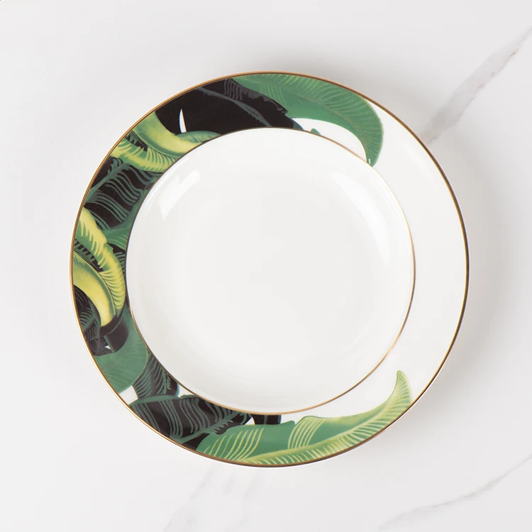 Hot selling Gold rim dinnerware Green Leaf Ceramic dinnerware Plate Set for Party  wedding