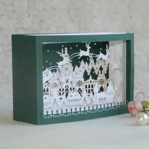 Personalised Laser Cut 3D Pop-up Greeting Card The Building And Reindeer Design for Winter Merry Christmas