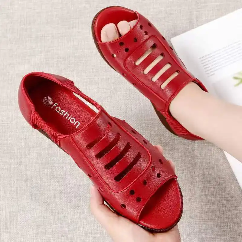 Plus Size Ladies Sandals Summer Casual Vintage Wedge Platform Sewn Leather Slip On Ladies Sandals