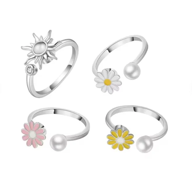 Fashion Jewelry Daisy Anxiety Ring High Quality Stainless Steel Anti Stress Ring Pearl Adjustable Anxiety Ring
