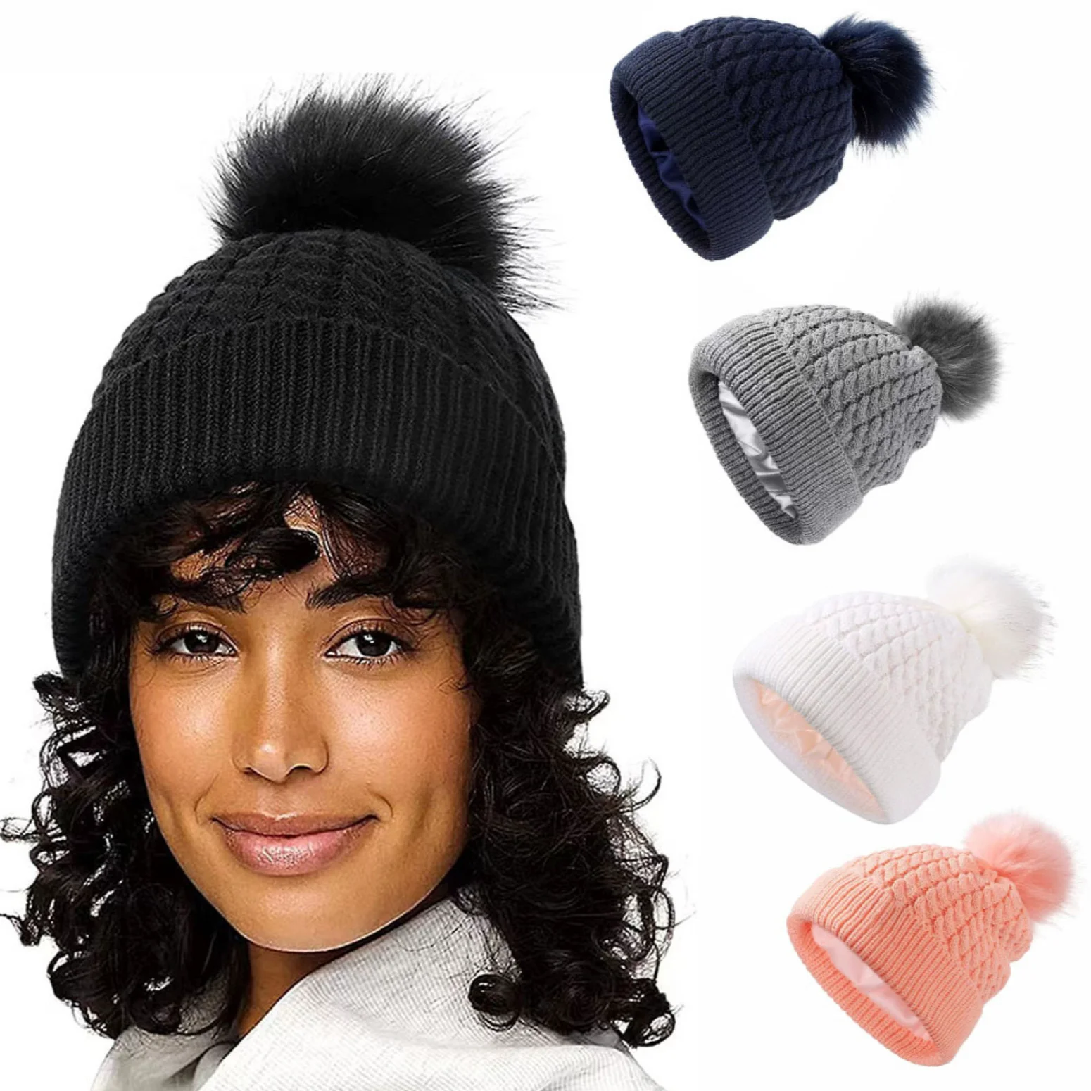 Thickened High Elasticity Satin Lined Women Knitted Cuff Beanie Acrylic PomPom Knitted Autumn Winter Stripe Beanie Hat