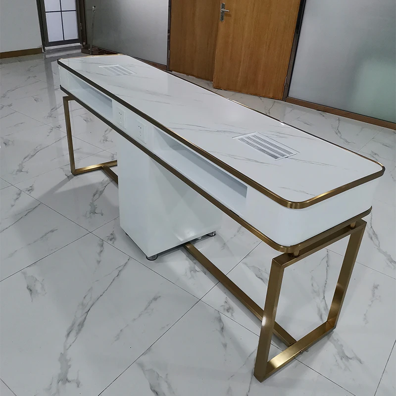 Modern design custom white and gold portable manicure table with  marble slab on top   ZY-MT075