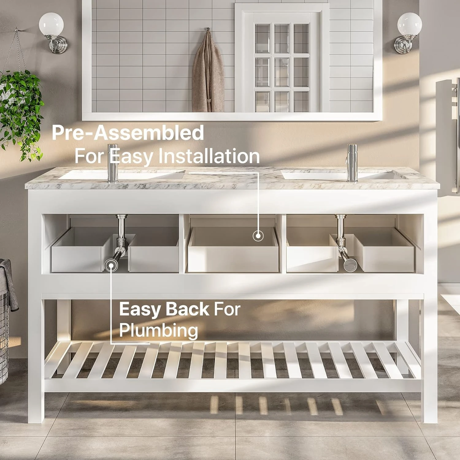 Porcelain Round 60 inch Bathroom Vanity Double Sink Vanity Bathroom Sink with Legs Marble Top Double Vanity Sink Cabinet