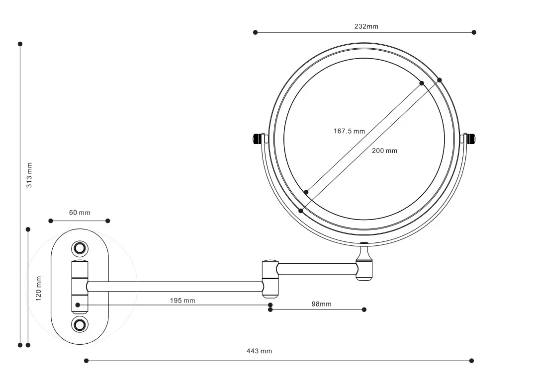 8 Inch Black Color Round Shape Wall Mounted Two Way Extendable LED USB Wall Mount Make Up X10 Magnifying Mirror