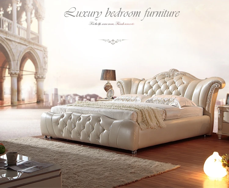 Роскошная мебель для спальни в европейском стиле, антикварные однотонные кровати большого размера из натуральной кожи для отеля