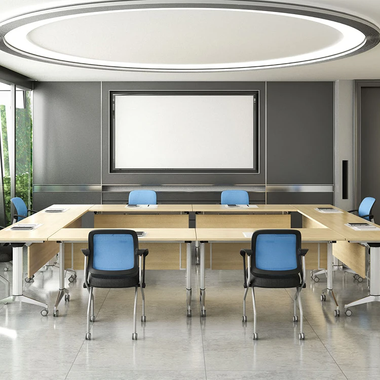 Cheap smart round wooden power socket folding conference meeting training school student staff training office desk table chairs