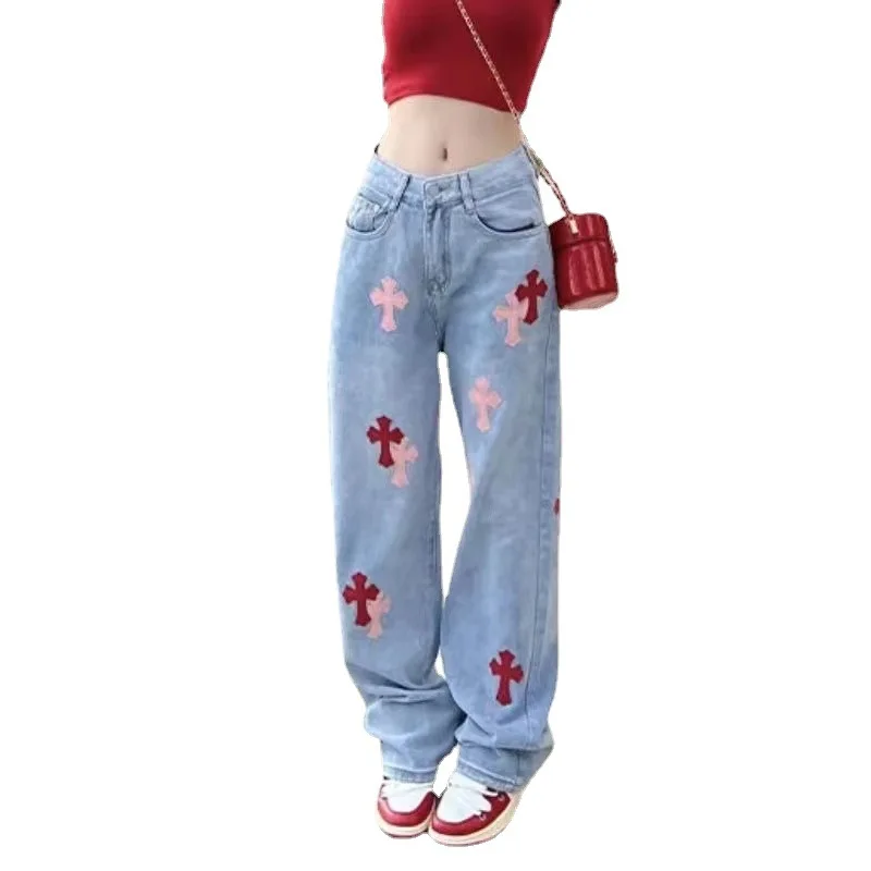 Women Light Blue Korean Fashion Cross Applique Jeans 2022 Female High Waist Jeans Y2k Straight Baggy Pant Casual Denim Trousers