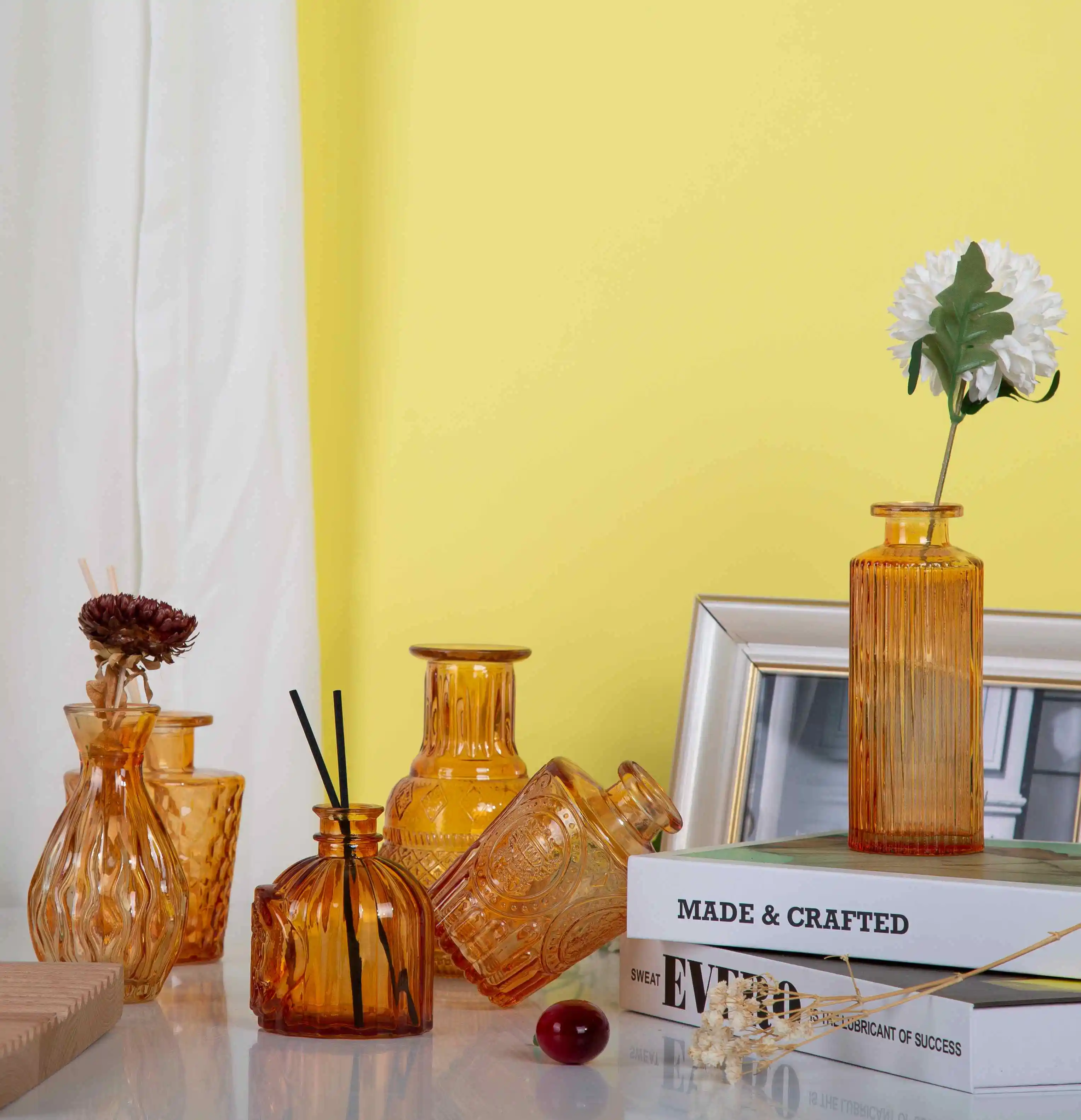 vintage embossed colored minimalist striped nordic style customised small amber glass bud vase 24 pcs set