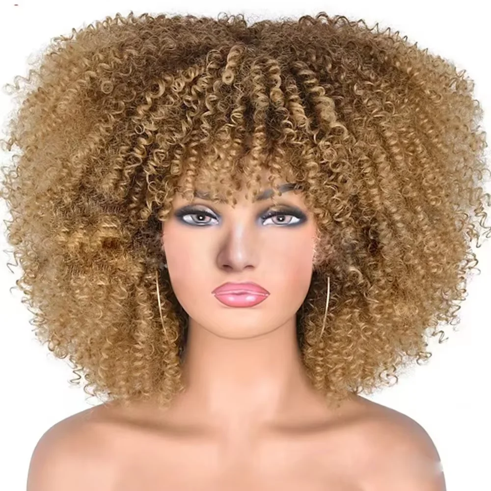 Cheap Heat Resistant Curly Synthetic Wigs With Lowest Price Quality Glueless Afro Kinky Synthetic Fiber  Hair Wigs With Bangs