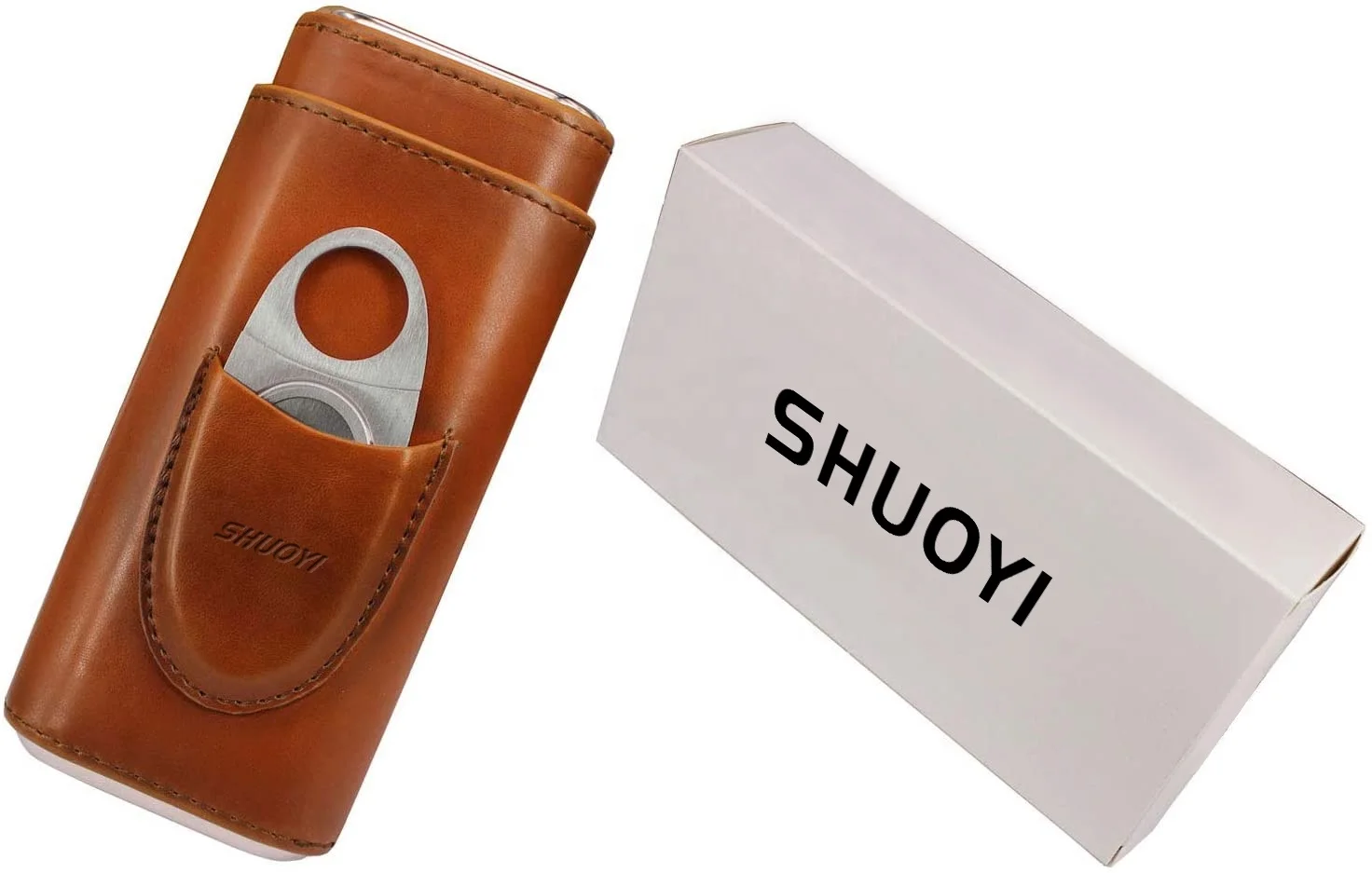 Luxury travel 3- finger brown leather cigar case Manufacturer custom wholesale cigar tube accessories with cigar cutter