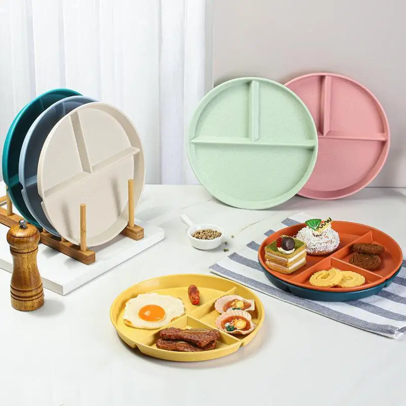 Unbreakable Microwave & Dishwasher Safe Plastic Dinner Plates Portable Divider Design for Food Fruit Vegetables Eating