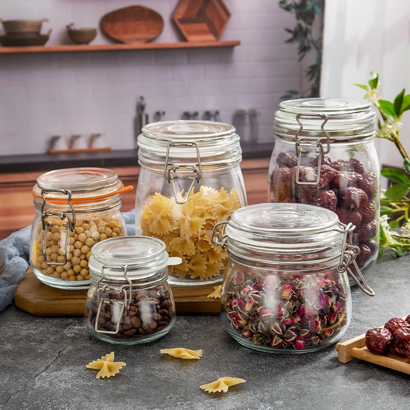 On Sale Transparent Different Size Round Glass Storage Containers Spice Candy Beans Child Snacks Storing Keep Dry Glass Jars