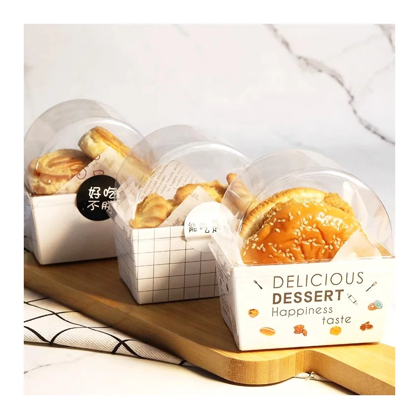 Custom Printed Takeaway Packaging Paper Box Clear PVC Lid Disposable Dessert Bakery Donut Sandwich Box