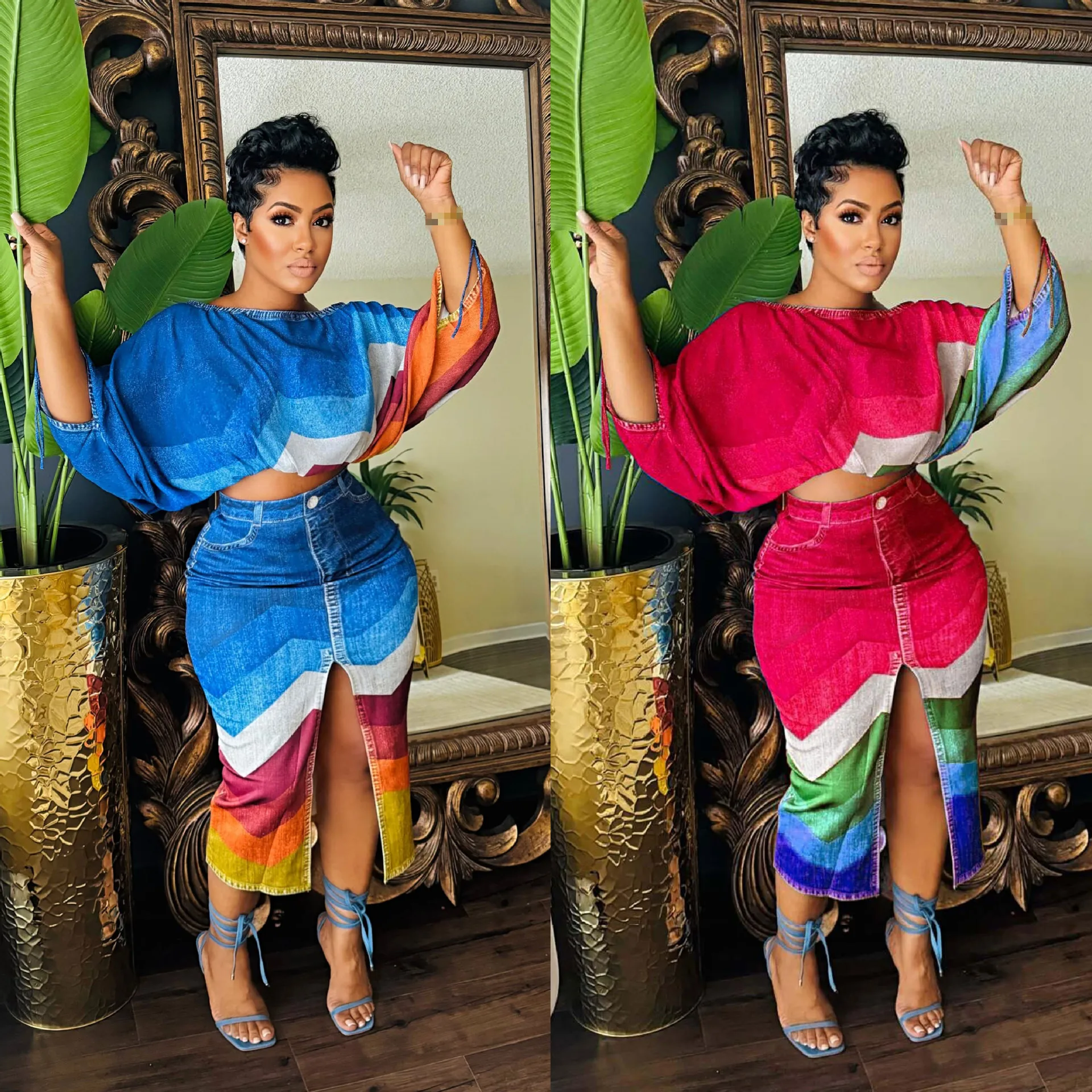 Fall Spring Summer Color Block Printing Long Sleeve Crop Top Long Skirt 2 Piece Set Matching Set Women Two Piece Skirt Set