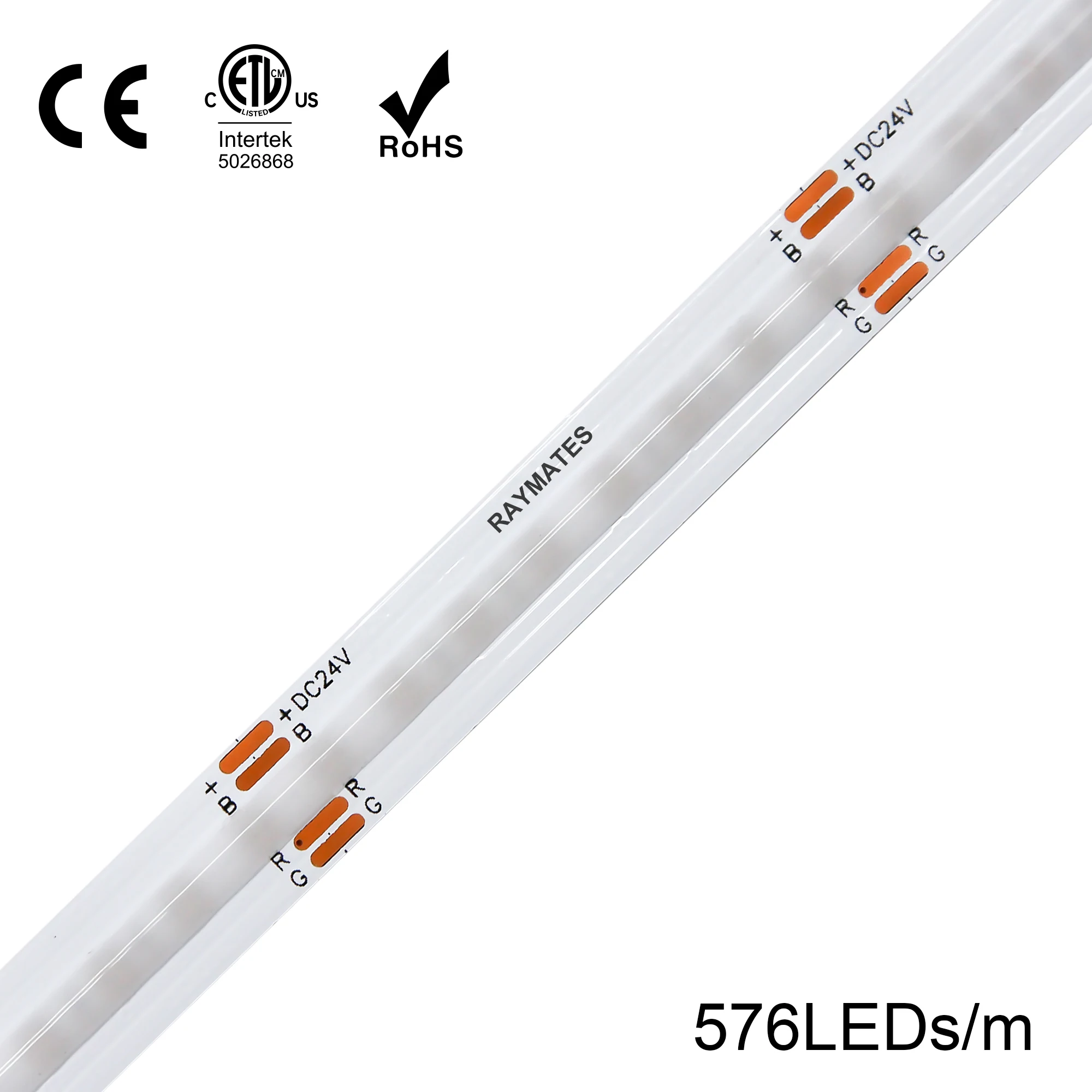 Raymates  UL  high quality 3M 9495LE tape 24v IP20  576LEDs  RGB led light colorful Flexible COB led strip