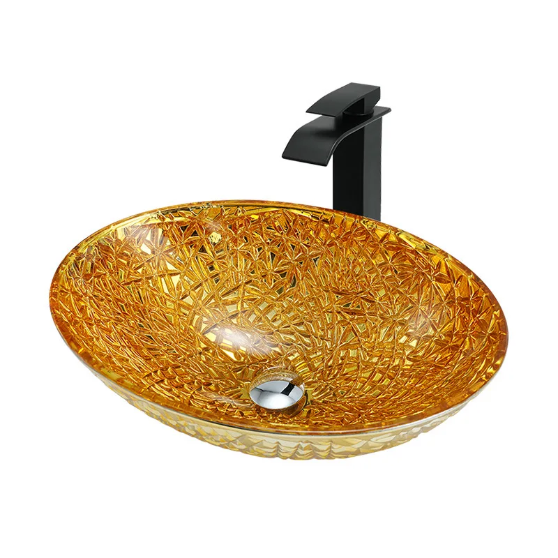 High Quality Green Glass Wash Basin Oval Sanitary Ware Restroom Counter Mounted Glass Basin