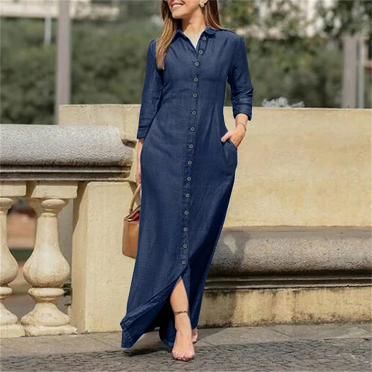 New Women Denim Shirt Dress Button Up Pocketed Maxi Dress Plus Size 5XL Female Casual Solid Long Dresses