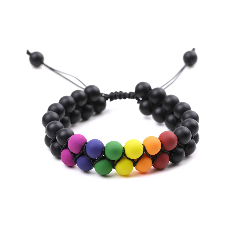 8mm Black Agate Bracelets Seven Chakra Stone Adjustable Double Woven Yoga Relax Bracelet For Women Men