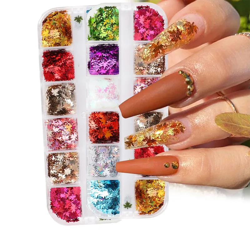 Misscheering 12 colors Maple leaf Shapes Nail Art Glitter Flakes 3D colorful Sequins Polish Color changing Manicure decoration