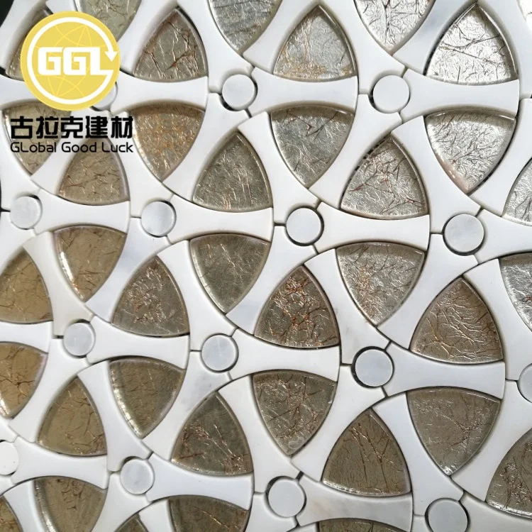 Gear Shape Design Mosaic Tile White Marble Mix Gold Waterjet Pattern Mosaic Tile for Home Wall Decor