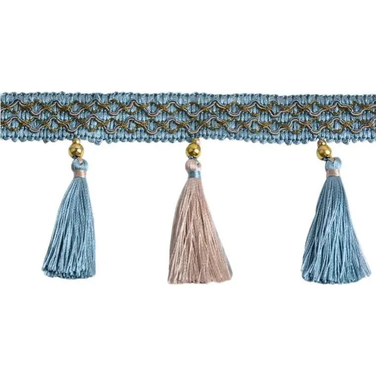 Factory Hot Sales Blue & Beige metallic fringe curtain polyester tassel fringe