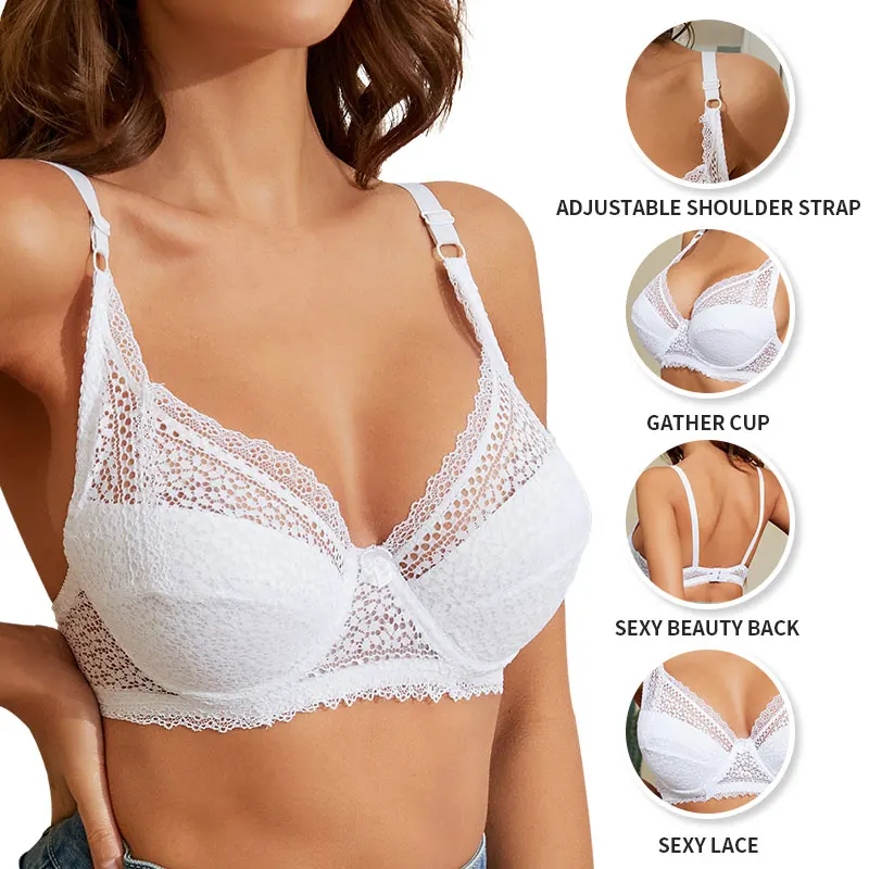 Женский бюстгальтер с полным покрытием ультратонкий без косточек регулируемыми бретелями C D белый бюстгальтер-минимайзер кружевной большого размера