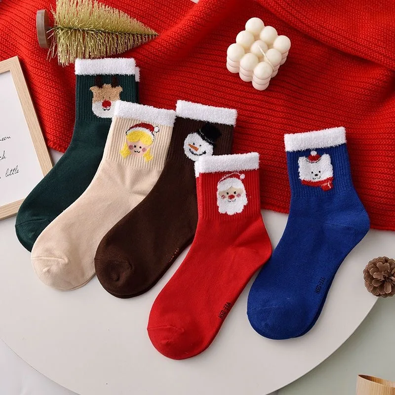 Christmas Socks For Adults Breathable Cute Cartoon Santa Claus Snowman Mid Tube Casual Cotton Socks
