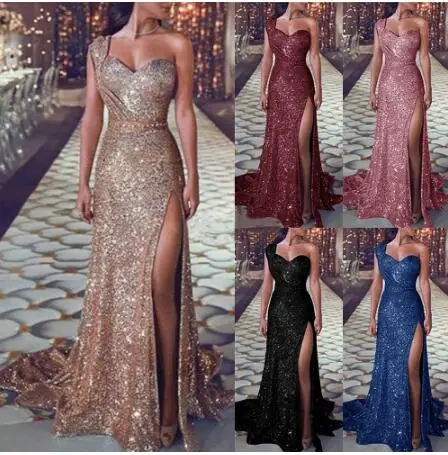 WIIPU 5XL mujeres Sexy de borla de lentejuelas un hombro hendidura lateral noche fiesta vestido Bodycon damas Maxi vestido Vest