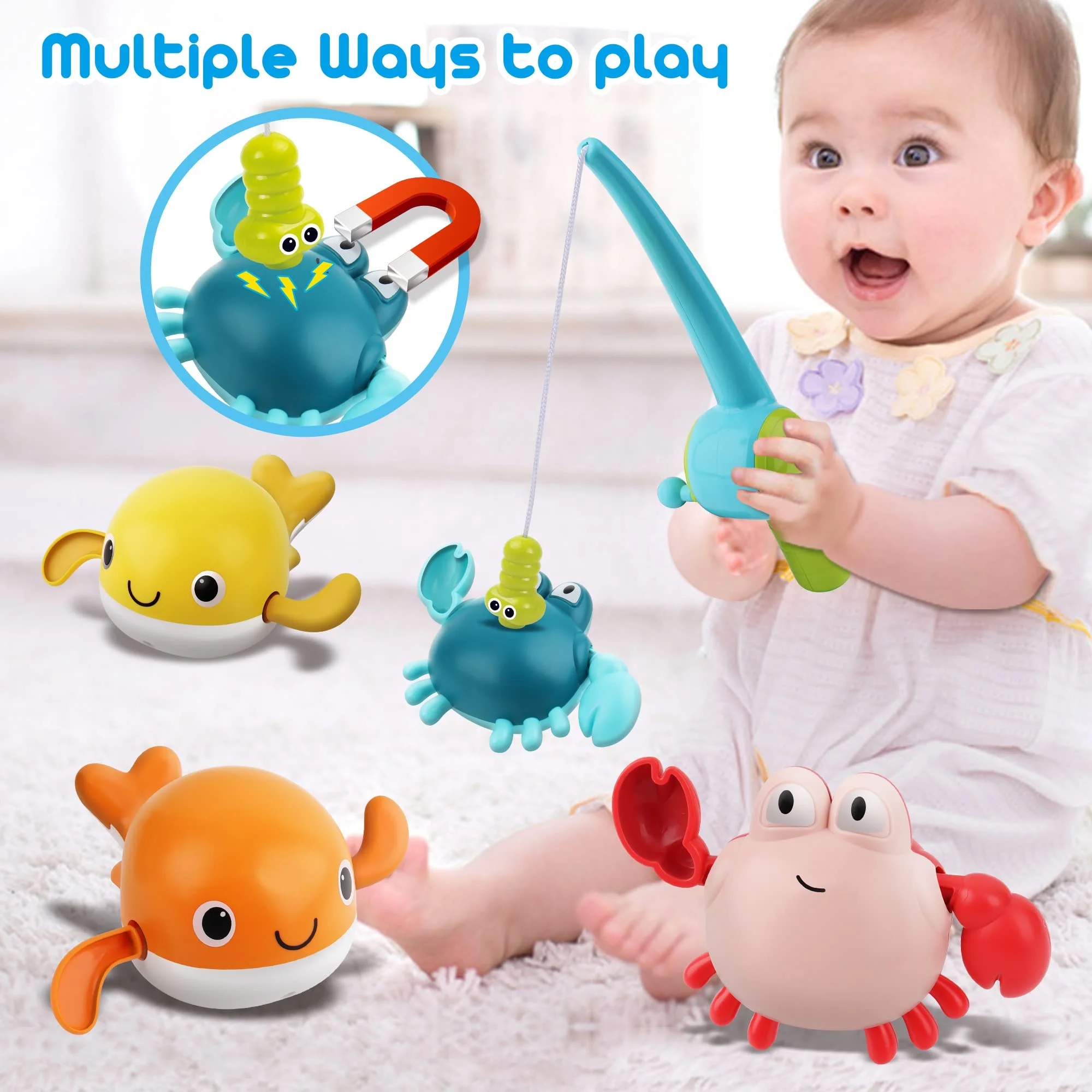 10pk Bath Toy for Toddlers Bathtub Toy with Floating Mold Free Swimming Toys and Stacking Cups Magnetic Fishing Game
