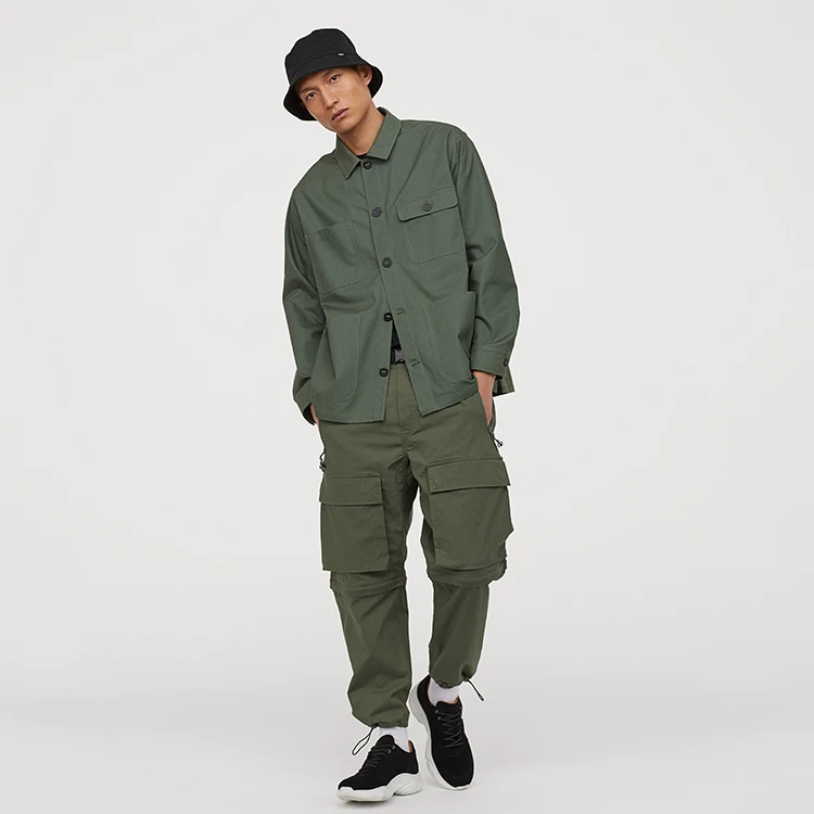 khaki green sheer plastic buckle chino sport long canvas cotton cargo pant drawstring zipper baggy casual half pants for men
