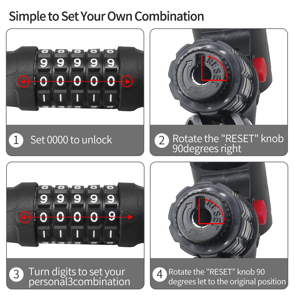 Bike Lock 5-Digit passwords 1200mm Combination Motorcycle  Electric Bicycle Cable Lock Steel Coded Bicycle Chain Lock