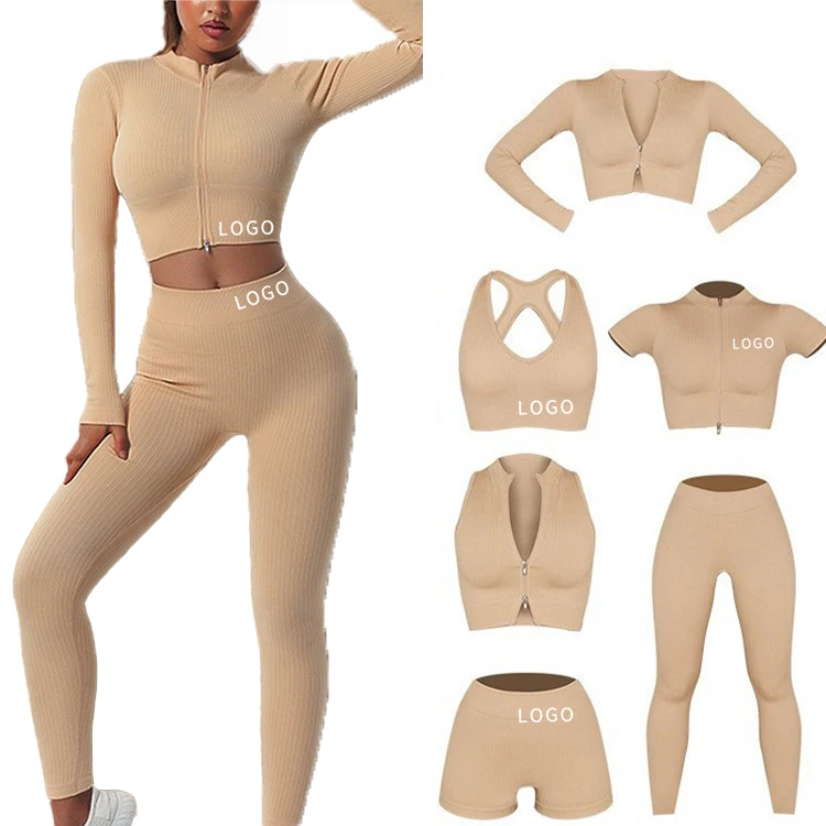 hot saleseamless bra s-xxxl yoga suit gym clothing sets 6 piece ribbed zipper women sports gym fitness sets yoga legging short