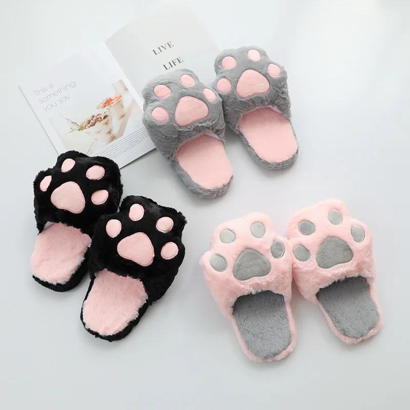 Fuzzy Plush Slippers Cats Pad Cartoon Animal Pink Grey Bear Paw Black Girls Anti-slip Indoor Floor Shoes