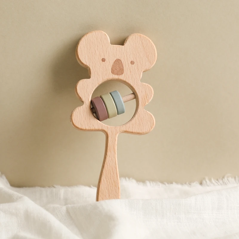 Ручная погремушка из натурального Букового дерева, детский Прорезыватель для зубов, игрушка в форме Милого Животного, четкий звук, безопасная для использования, креативная игрушка, подарки