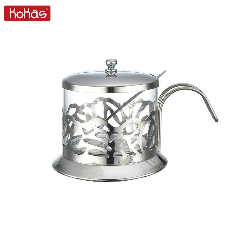 
Classic European Style 0.2L Transparent Glass Round Large Pots Silver Sugar Pots With Spoon 